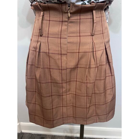 Misc Paperbag Skirt Brown/Red plaid pleated ruffle women’s L Academia Preppy NWT - Picture 2 of 5